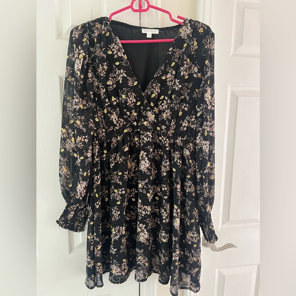 Metallic Black Floral Print Mini Dress